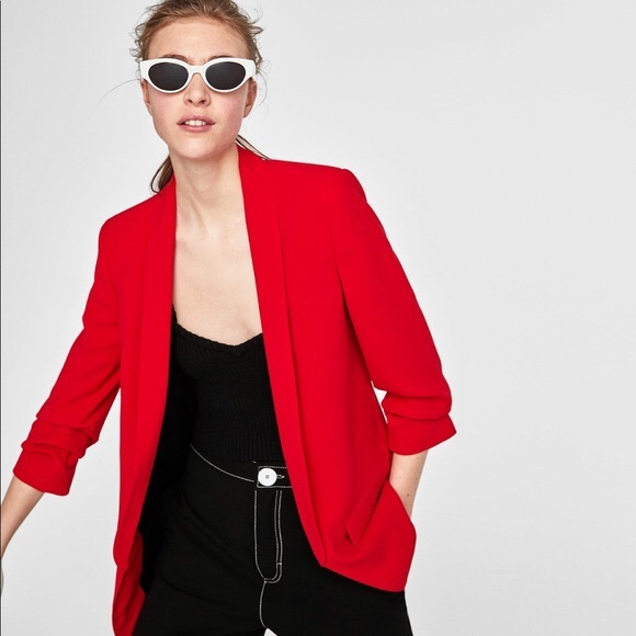 Zara Jackets & Blazers - Zara Intense Red Crepe Blazer Ruched Sleeves small
